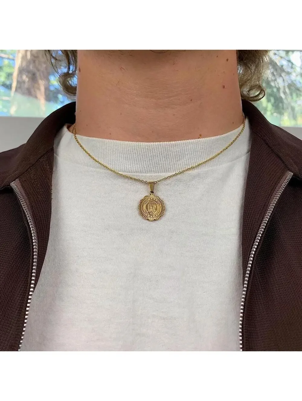 Cute Round Pendant Saint Marry Stainless Steel Gold Plated Circle Pendant y2k